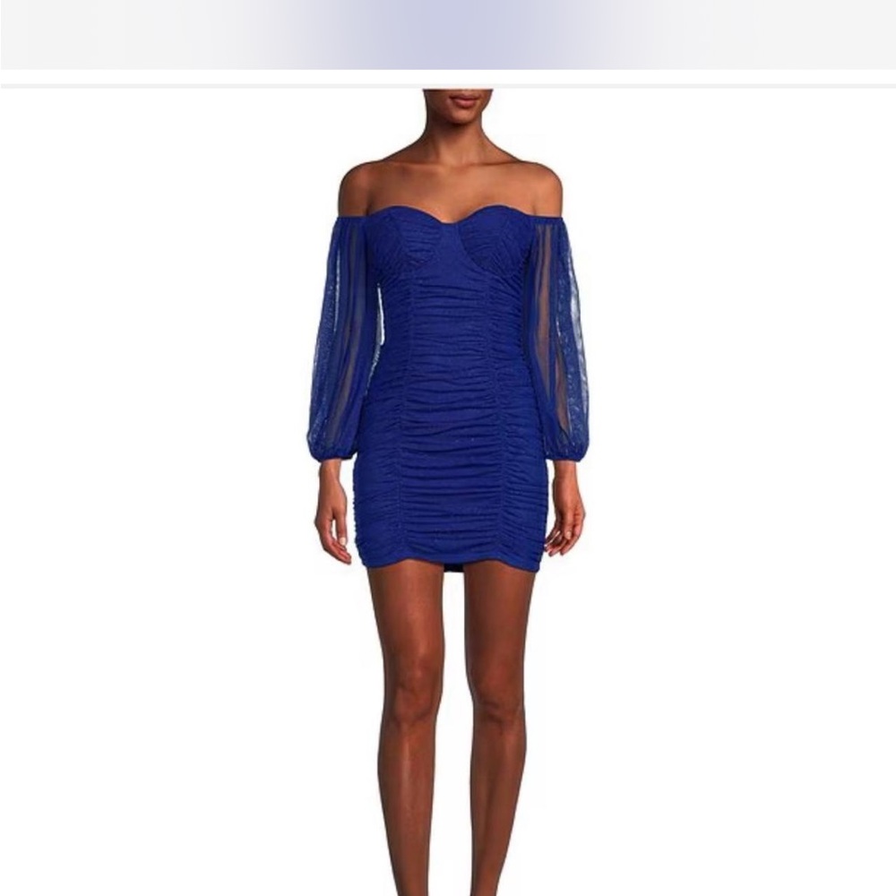 B Darlin Blue Ruched Bodycon Dress with Bishop Sleeves